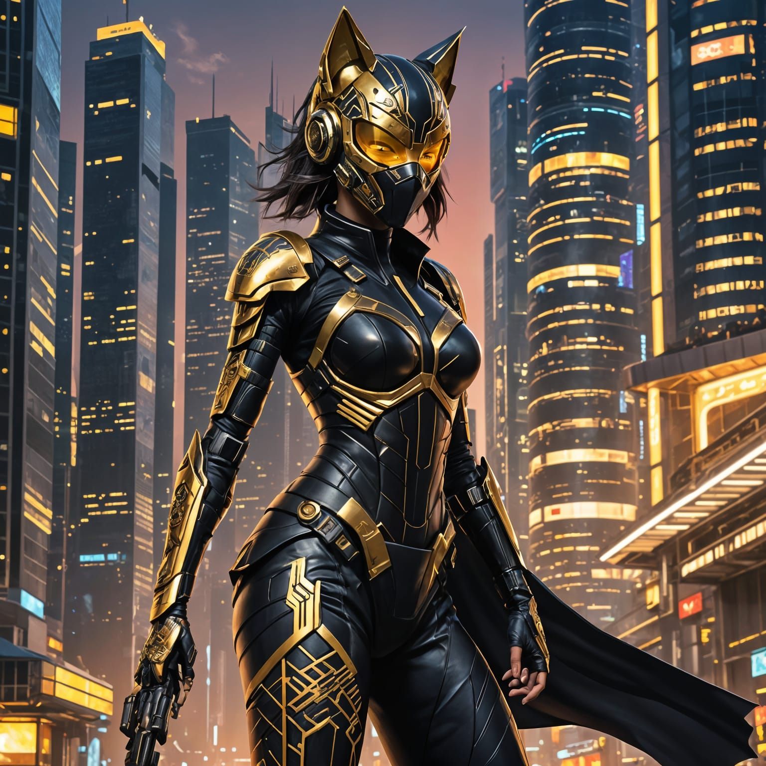 “Cyberpunk assassin with cat-like armor, wearing a sleek bla...