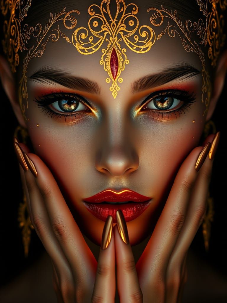 Luxurious Portrait with Golden Filigree and Gemstone Eyes
