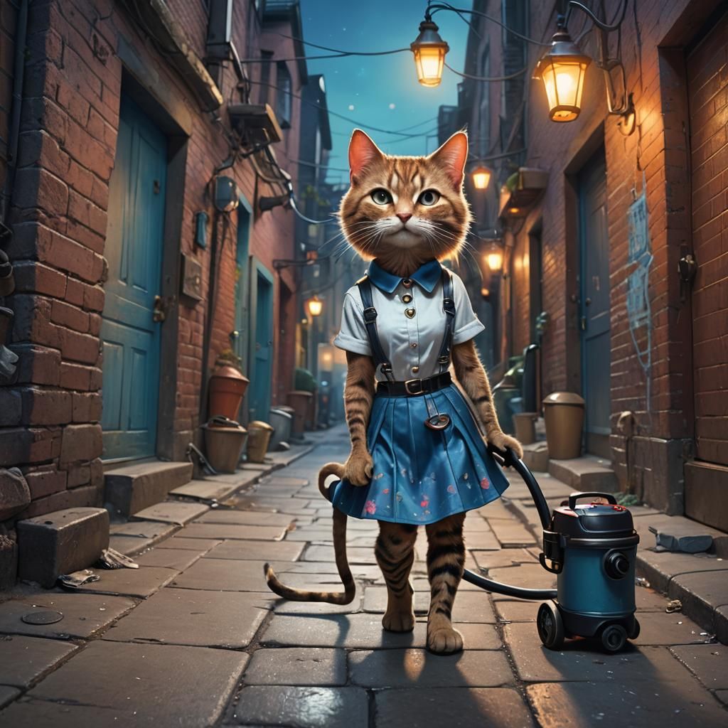 Alley Cat with skirt, leggings, high heels, pushing a vacuum...