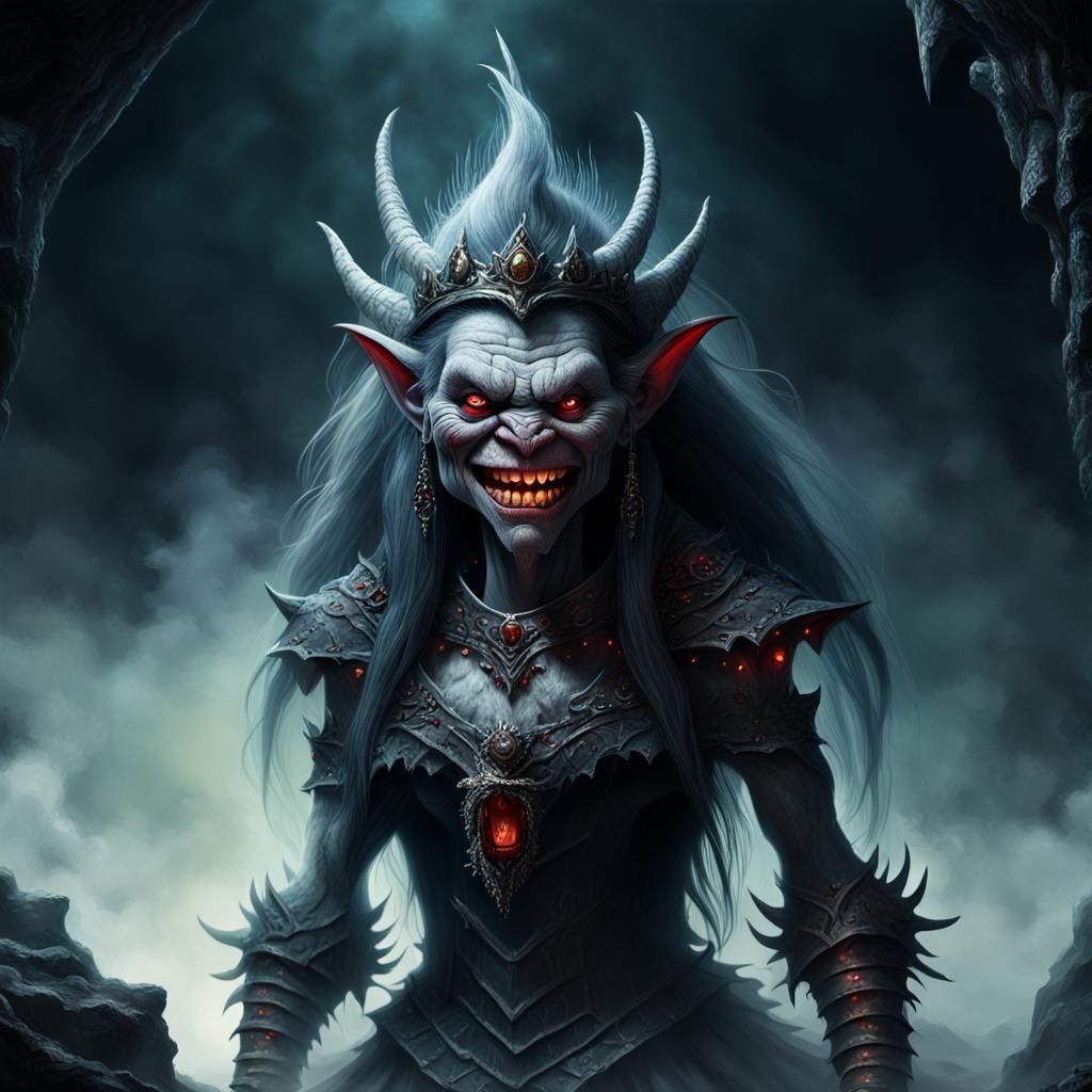 Regal Troll Queen on Misty Throne, Hyperrealistic Digital Ar...