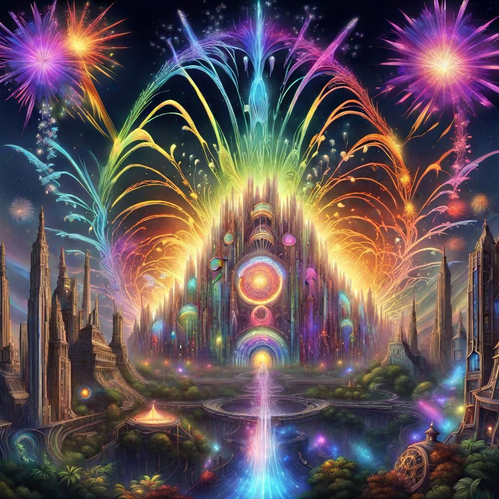Celestial Metropolis: Rainbow Vines and Crystal Fireworks