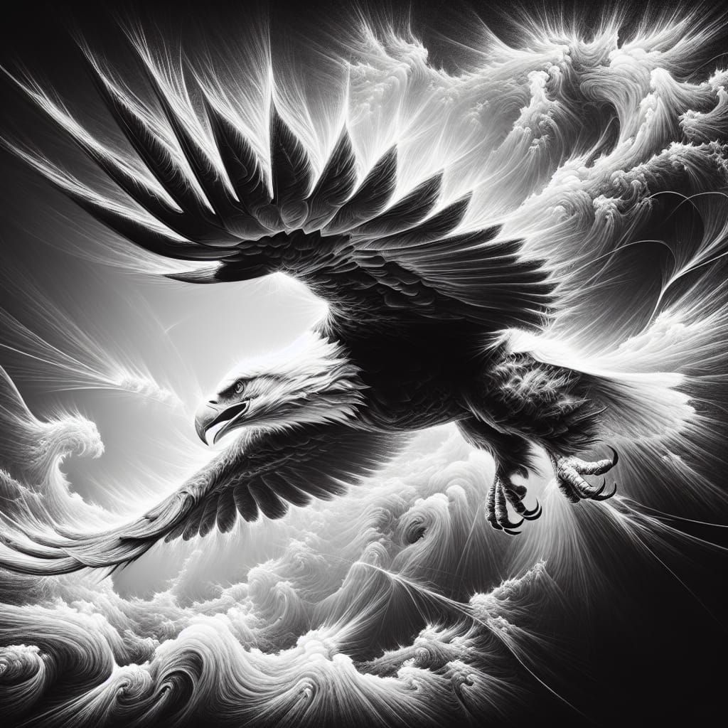 Majestic Eagle Descending: Hyperdetailed Charcoal Drawing