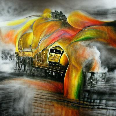 Golden Train to Avalon: Colourful Charcoal Drawing