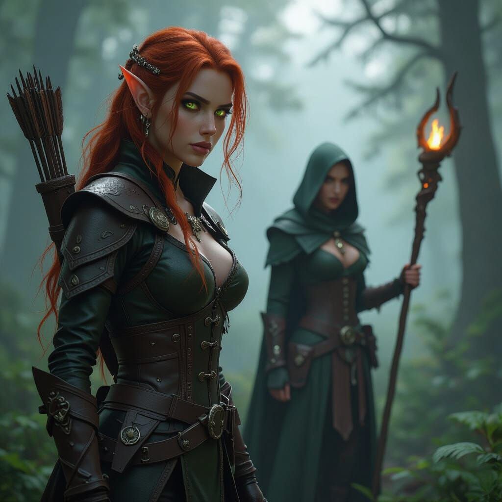 Elf Scout and Sorceress Track Monster in Forest