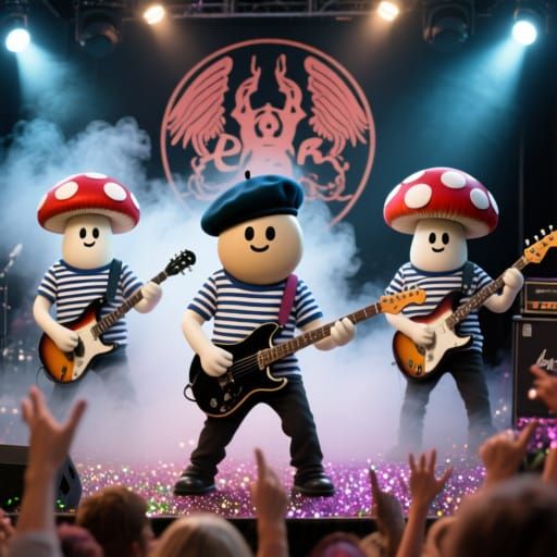 Mushroom Rock Band Performs Under Spotlights