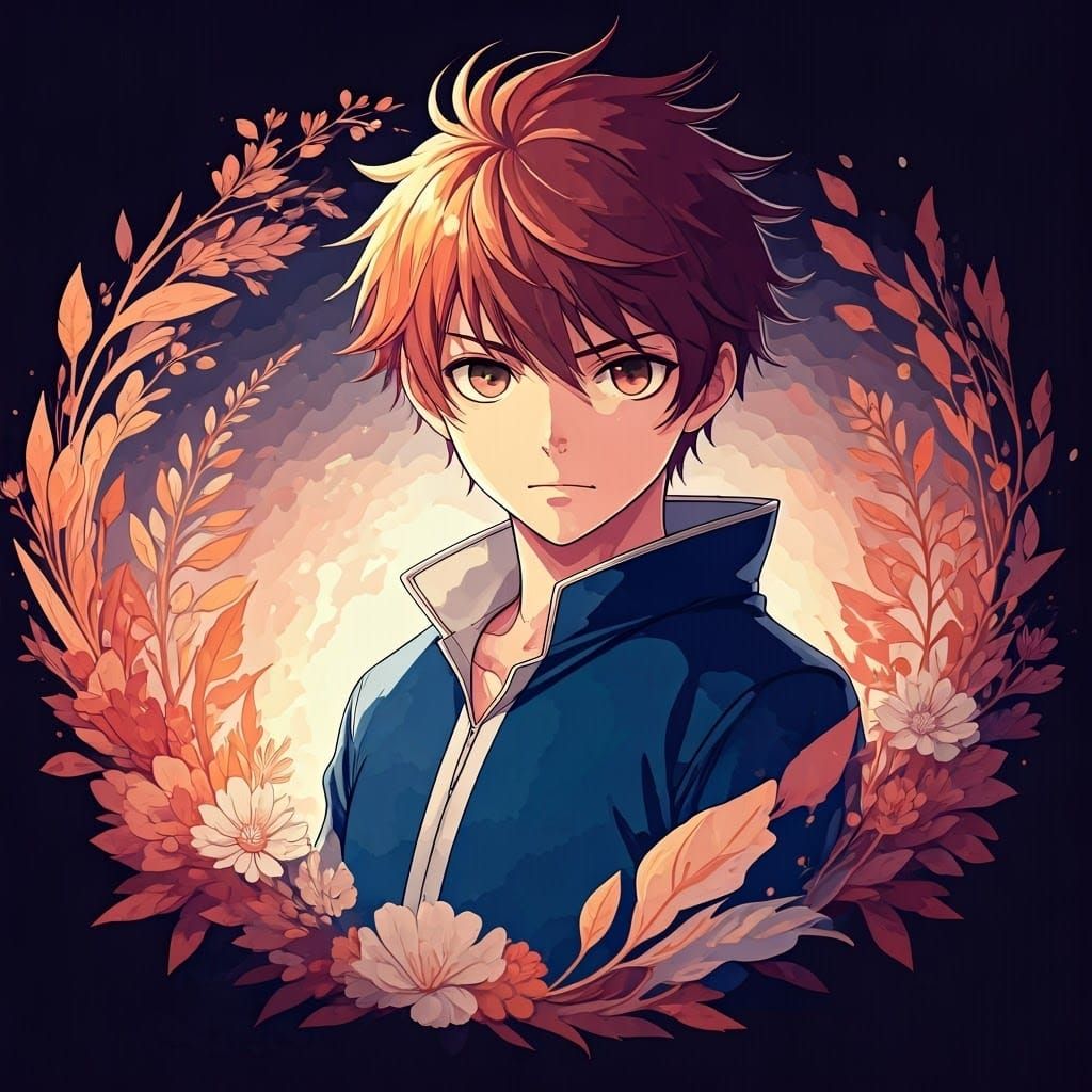 Anime Style Image of Youth Surrounded by Growth Symbols