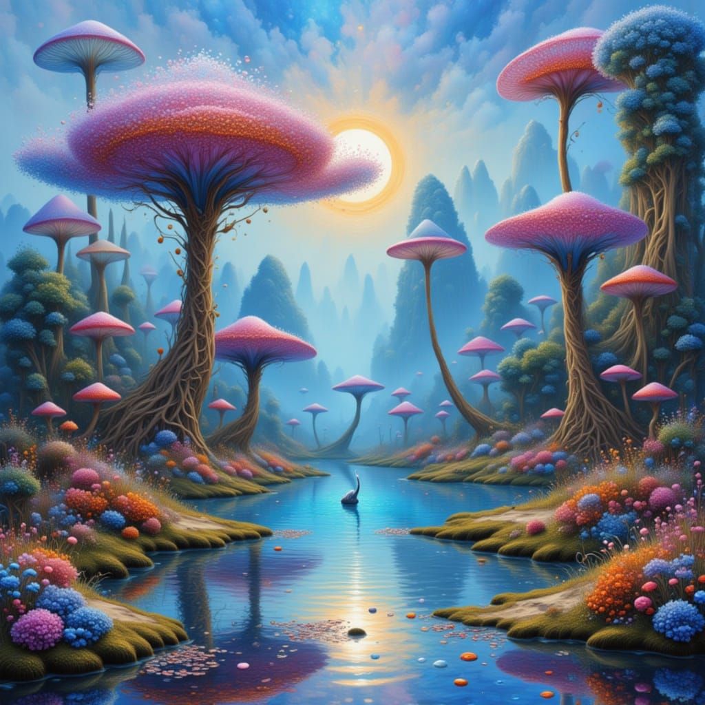 Ethereal Island with Ornate Fountain and Surreal Flora