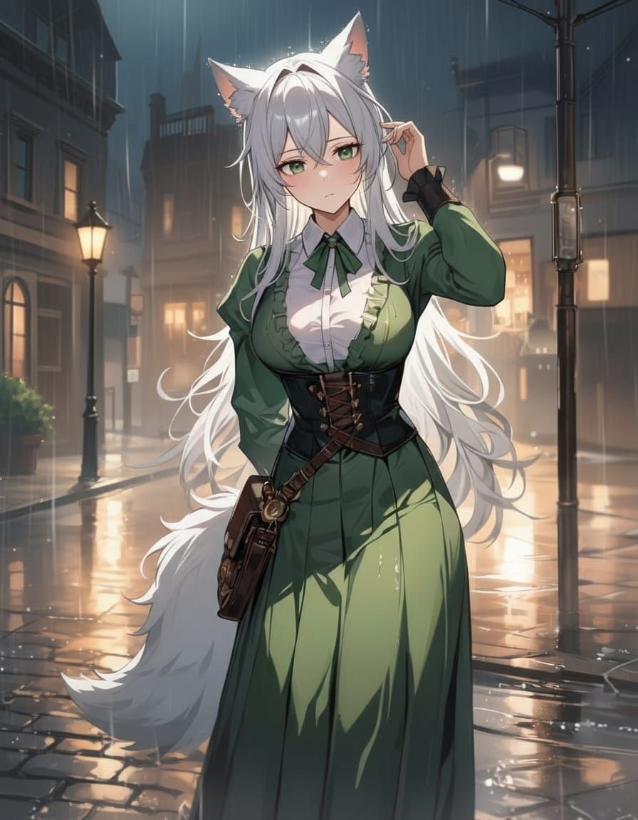 Steampunk Wolfgirl in Heavy Rain