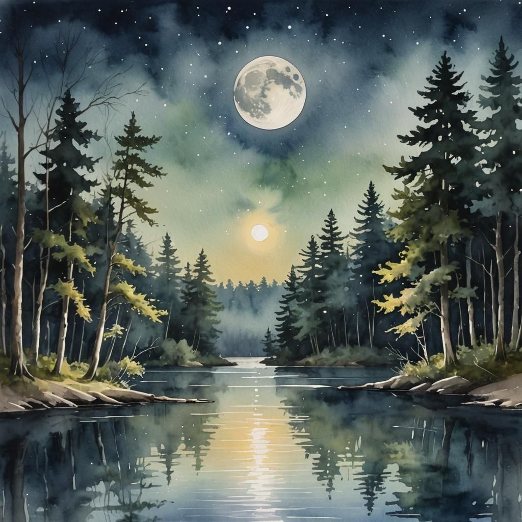 Moonlit Lake Watercolor Painting