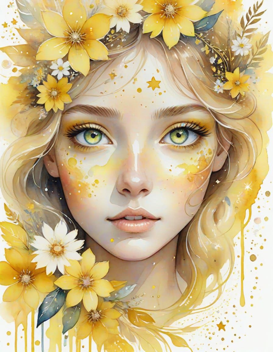 Watercolor Whimsy: Close-Up Portrait with Sparkling Topaz Ey...