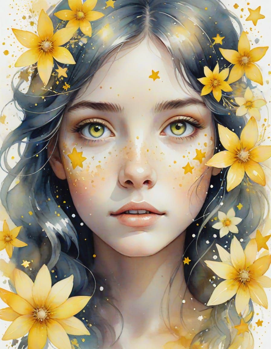 Dreamy Watercolor Portrait with Sparkling Topaz Eyes