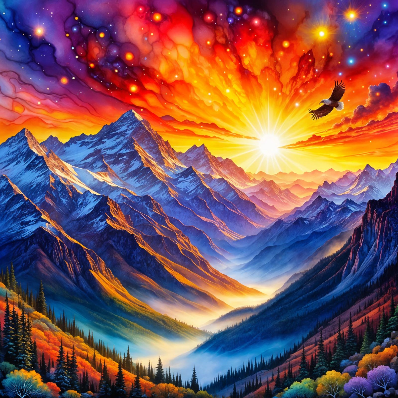 Serene Mountain Range at Sunset in Hudson River Style