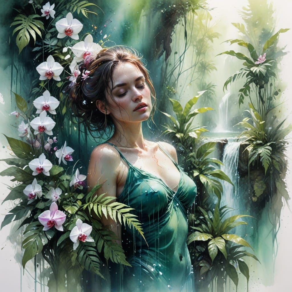 Lush Rainforest Waterfall in Photorealistic Digital Painting