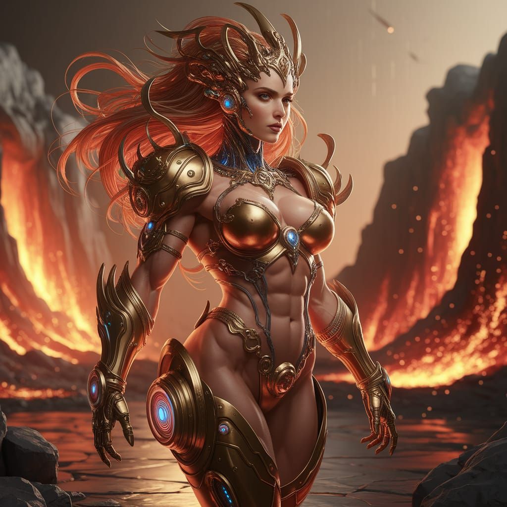Cyberpunk Steampunk Warrior Goddess in Fiery Forge