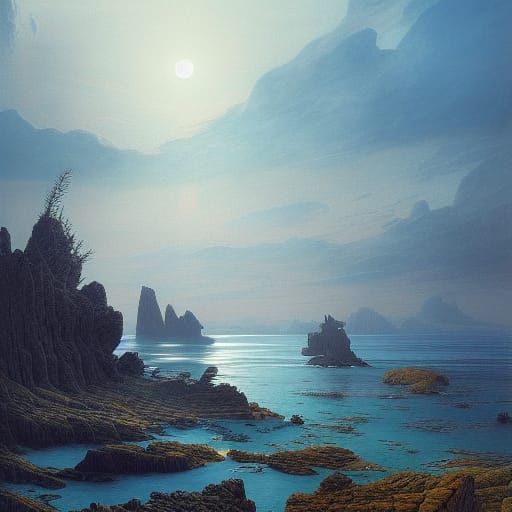 Surreal Beach with Silver Plants in Watercolour Style