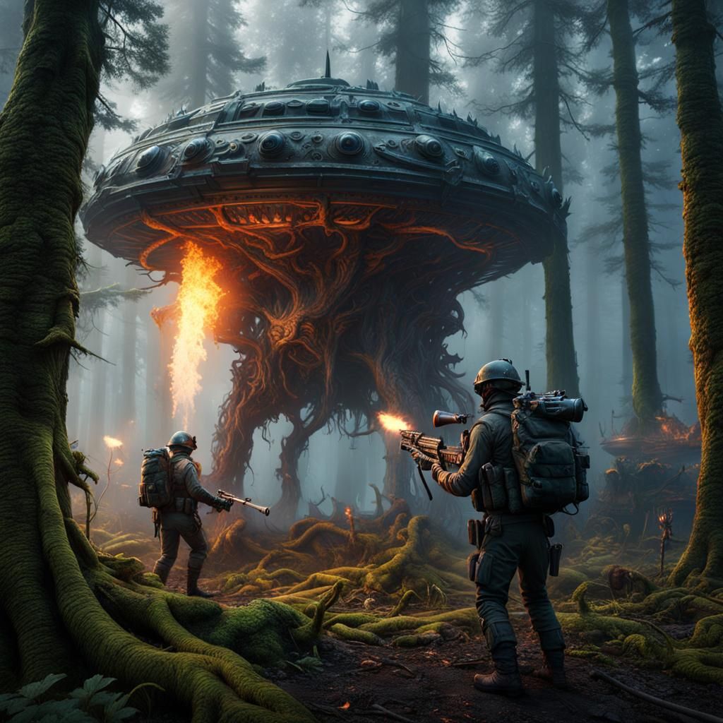 Aliens in Forest Firefight with Prehistoric Creatures