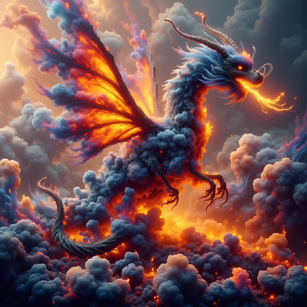 Dragon-Shaped Smoke Amidst a Volcanic Landscape in Vibrant O...