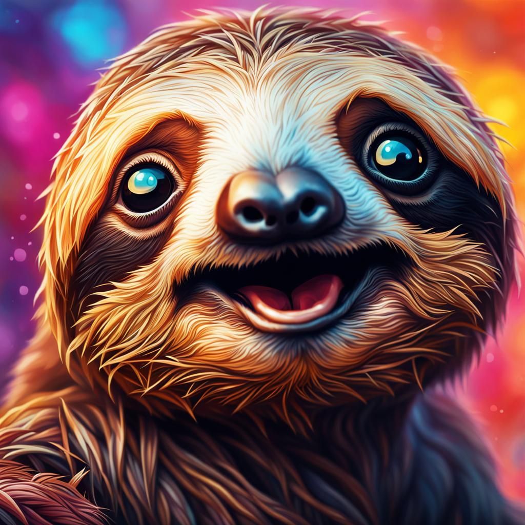 Happy Baby Sloth in Hyperrealistic Splash Art