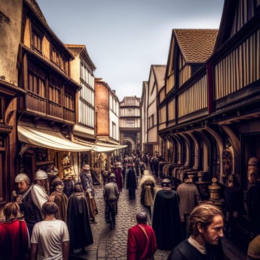 Lively Medieval Market Scene in Gothic Steampunk Style