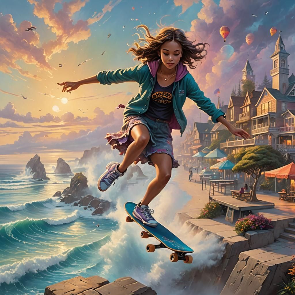 Skater Girl's Ethereal Beachside Skateboarding Tricks