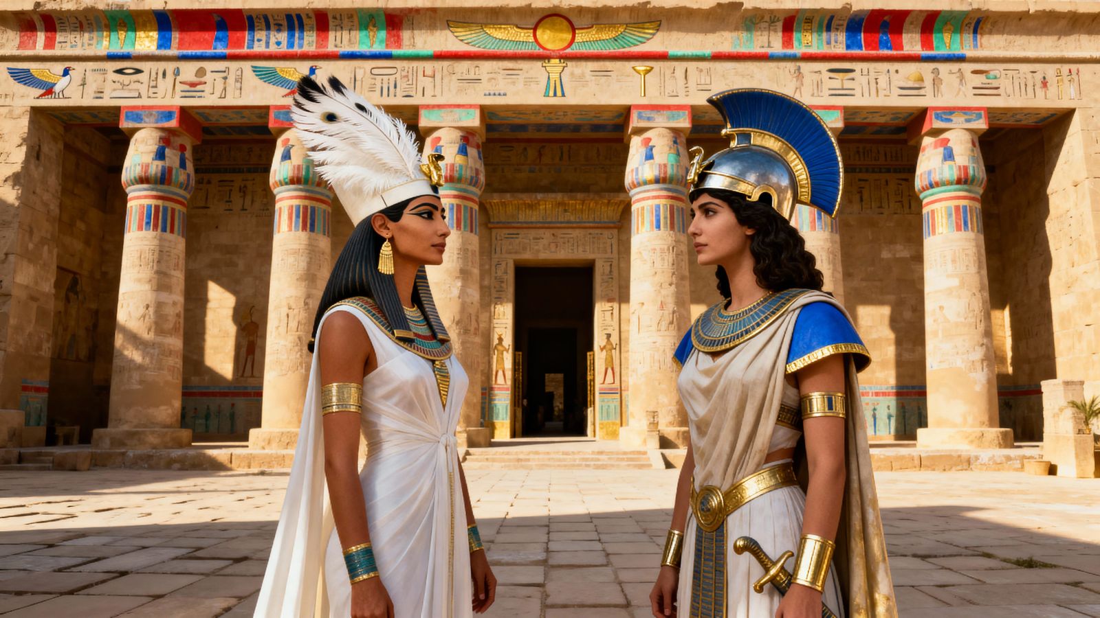 Maat and Athena Before Egyptian Temple