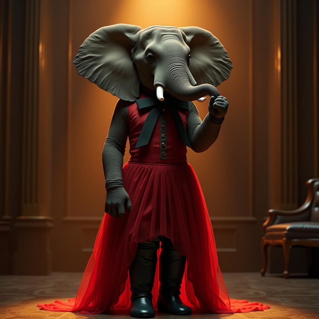 Elephant in Crimson Dress and Boots, Cinematic Lighting