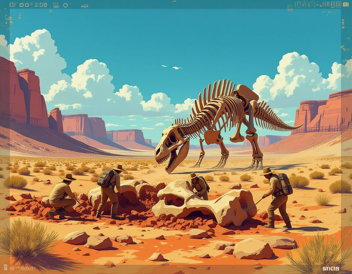 Dinosaur Excavation on Computer Screen, Retro Style