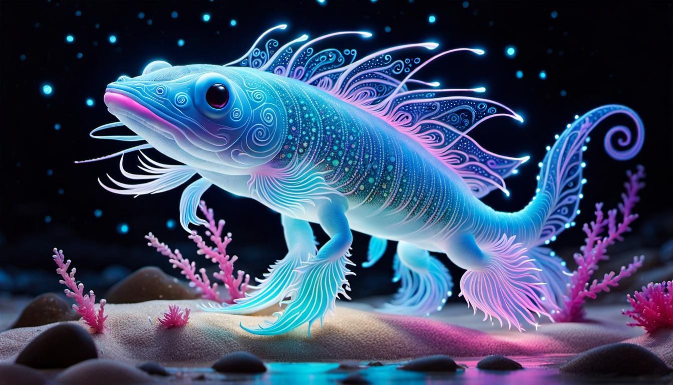 Bioluminescent Axolotl on a Sparkling Beach