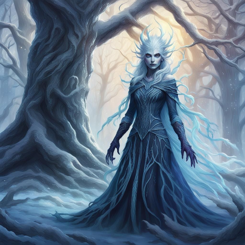 Ice Witch Merged with Frozen Tree in Dark Fantasy Art