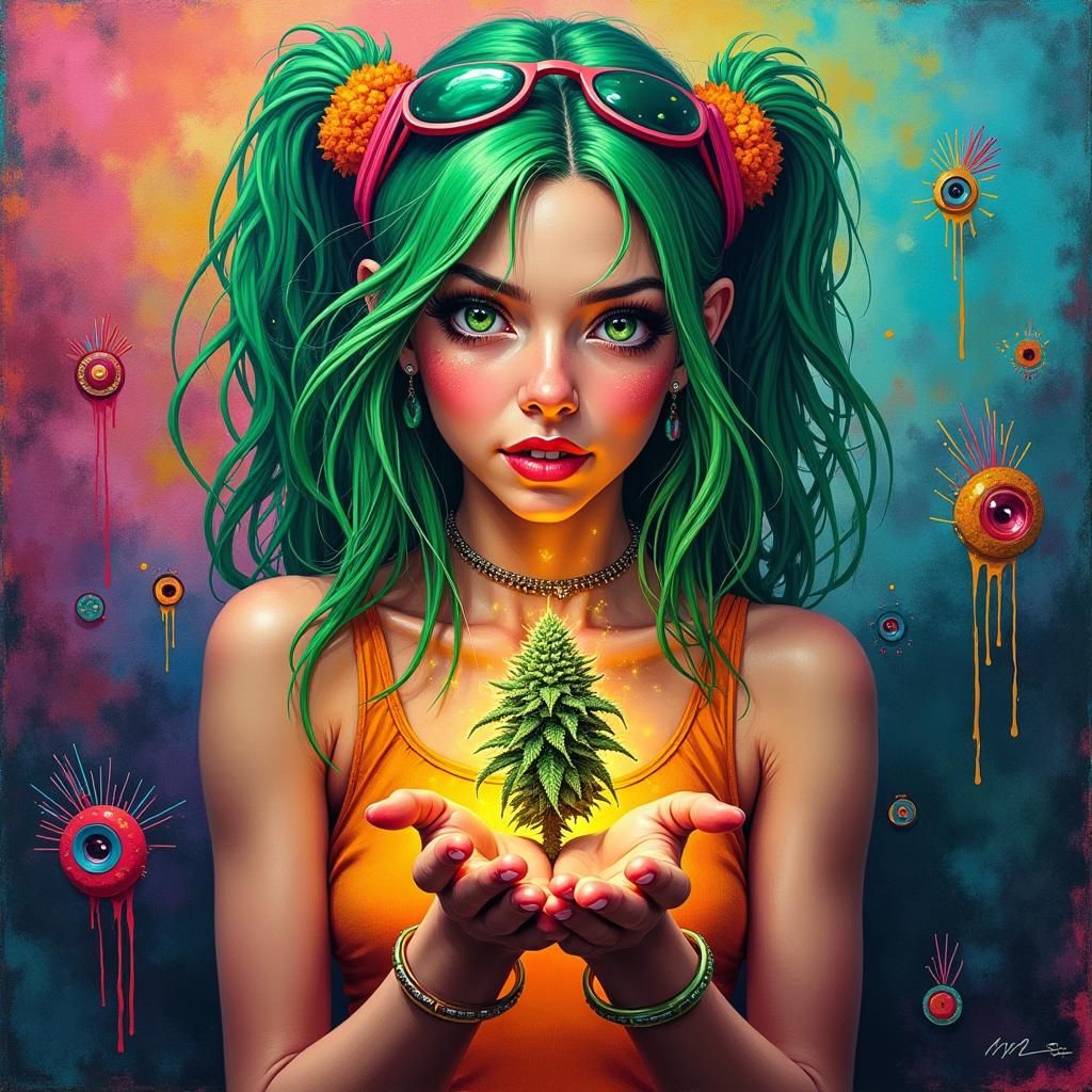 Psychedelic Girl with Cannabis in Urban Street Art Style