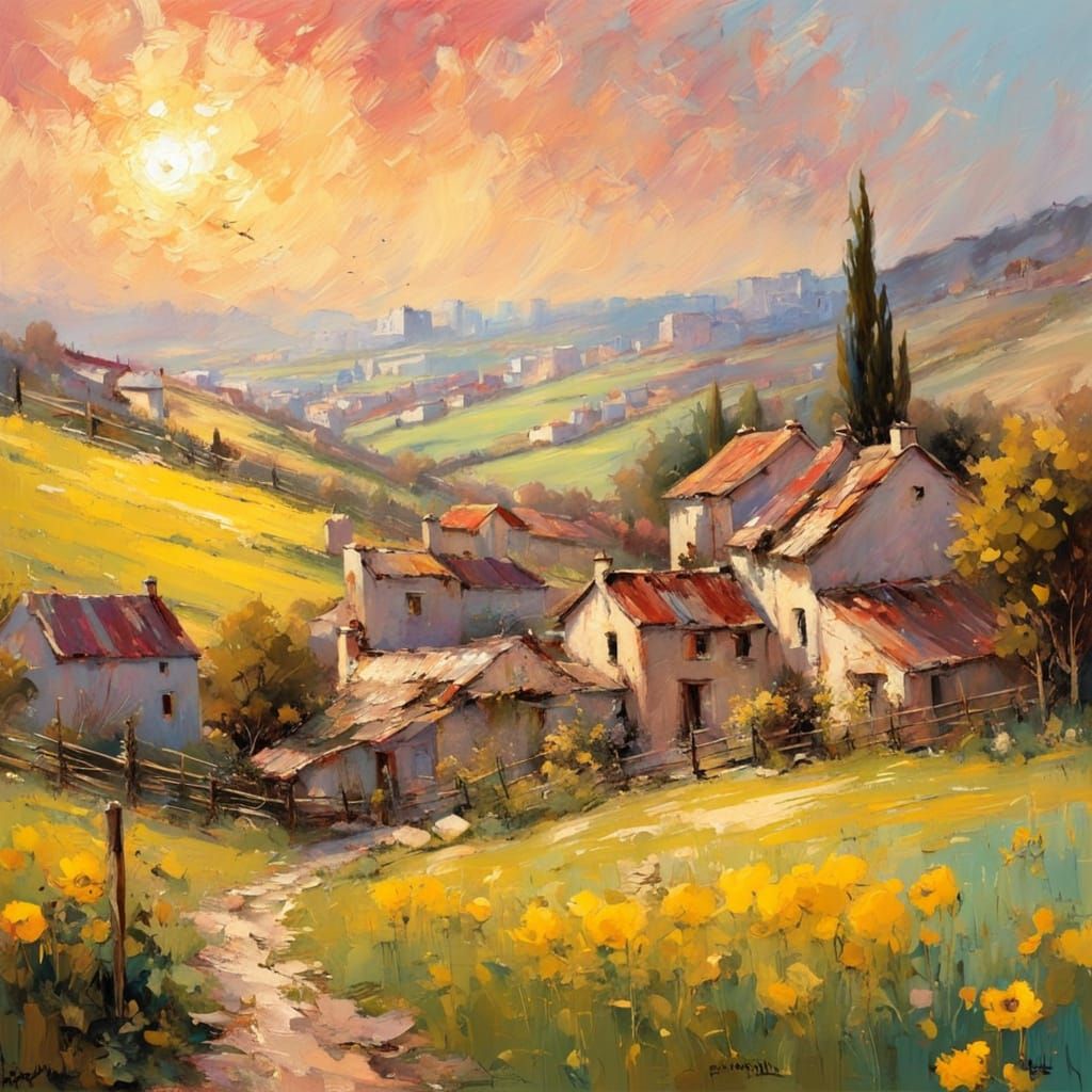 French Village Sunrise in Neo-Impressionist Style