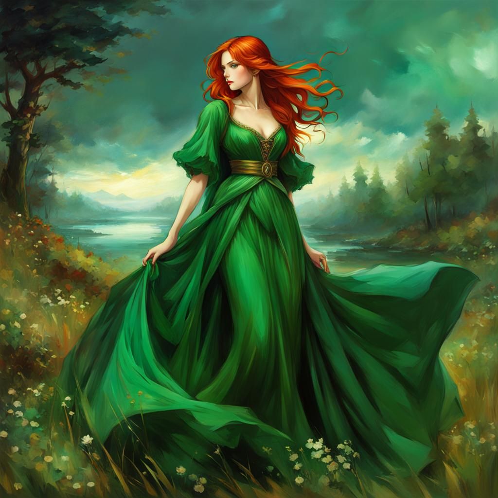 Fantasy Woman in Green Gown, Waterhouse Style