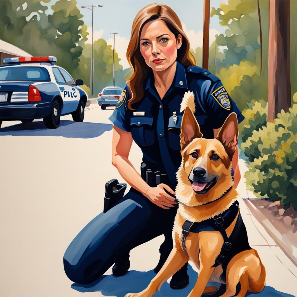 Detailed Gouache Painting of Police Officer and Dog