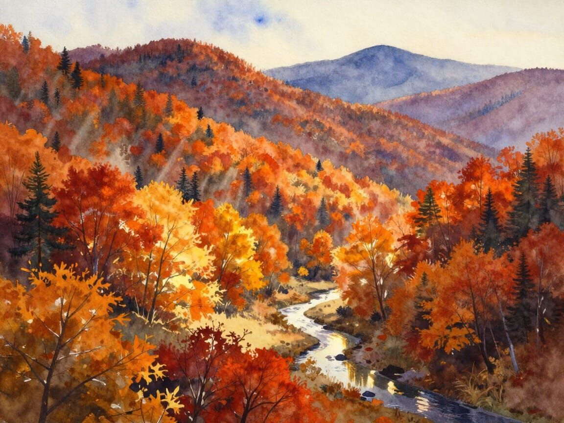 Luminous Autumn Mountain Landscape in Watercolor