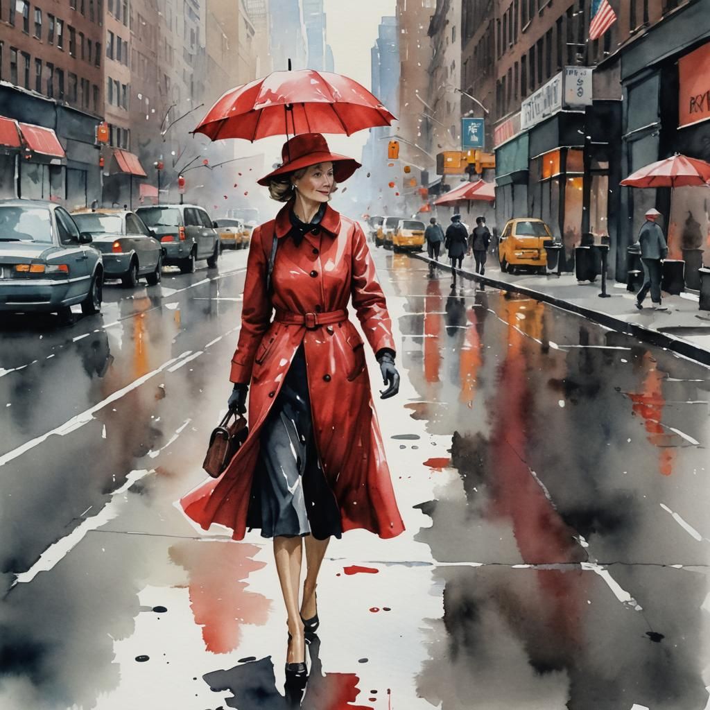 Watercolor Woman with Red Umbrella in New York