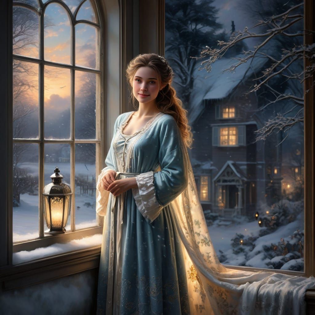 Victorian Lady Stands at Snow-Covered Window in Ethereal Fan...