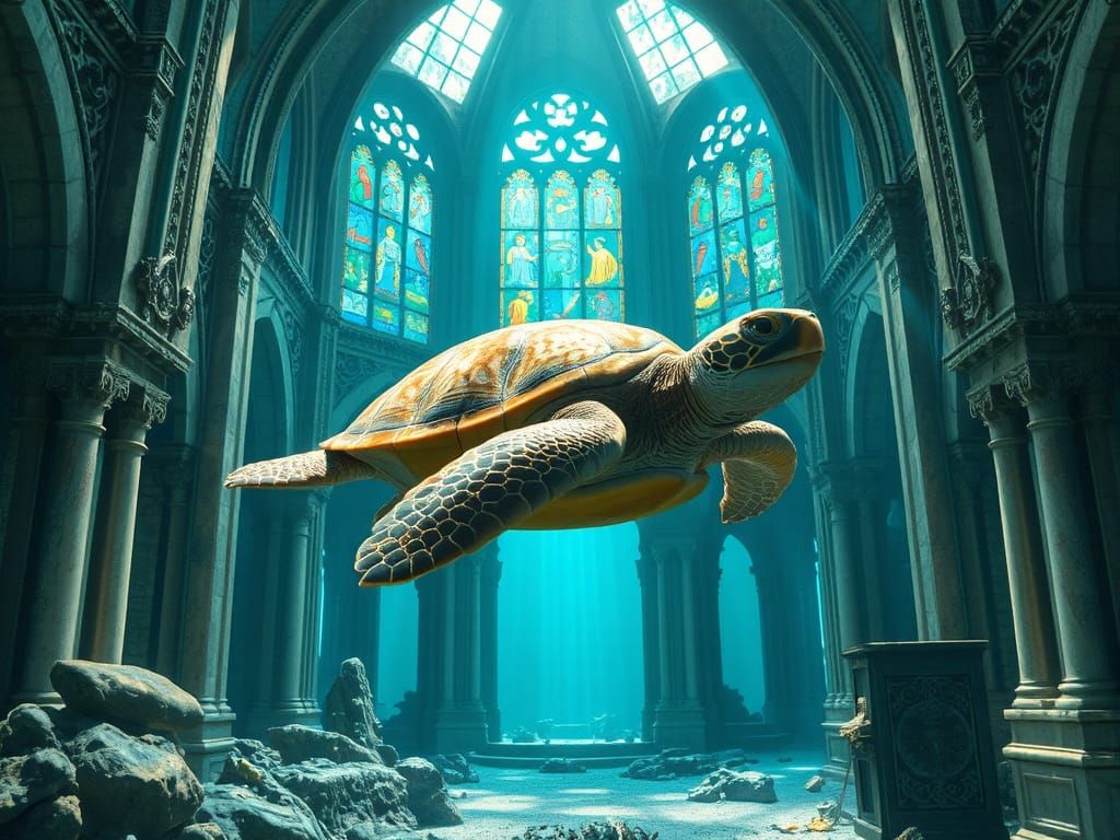 Ornate Sea Turtle in Submerged Cathedral