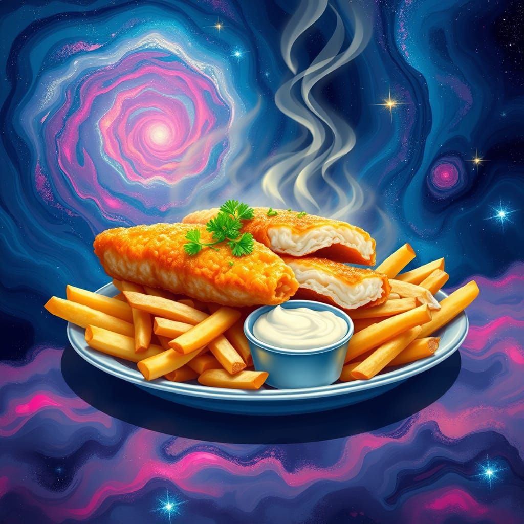 Cosmic Fish and Chips in Vibrant, Iridescent Hues