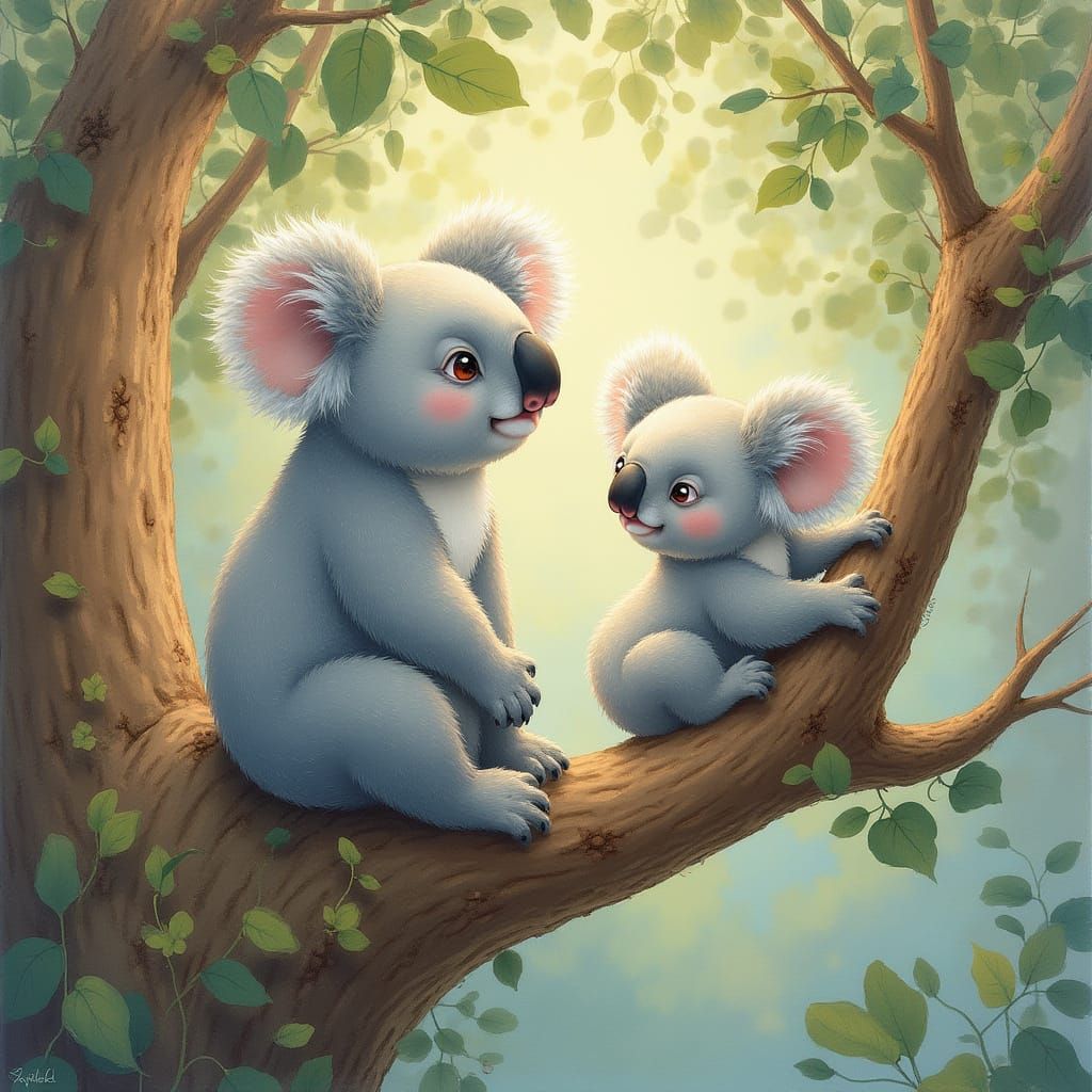 Koalas in Eucalyptus Trees: Whimsical Illustration