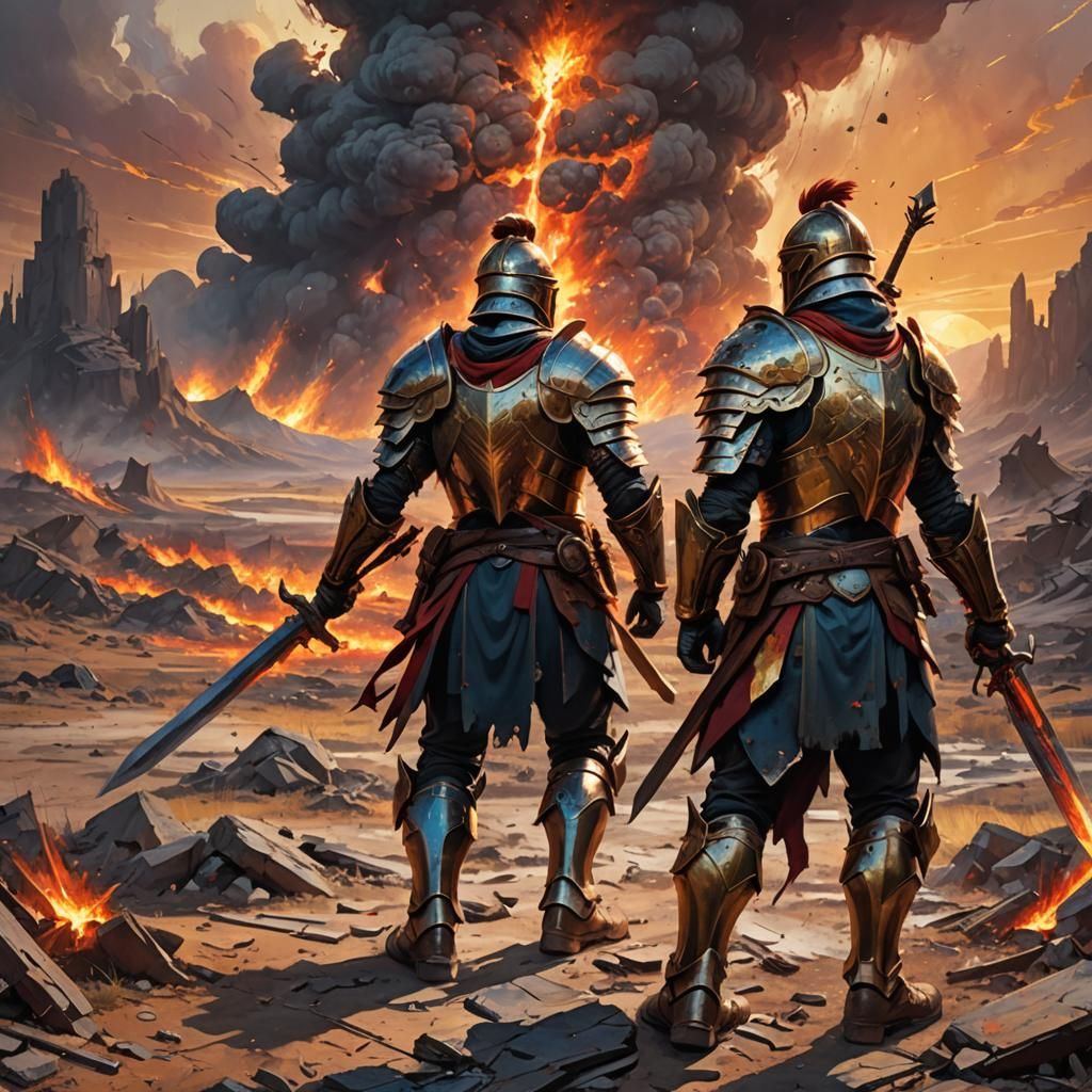 Epic Fantasy Warriors in War-Torn Landscape