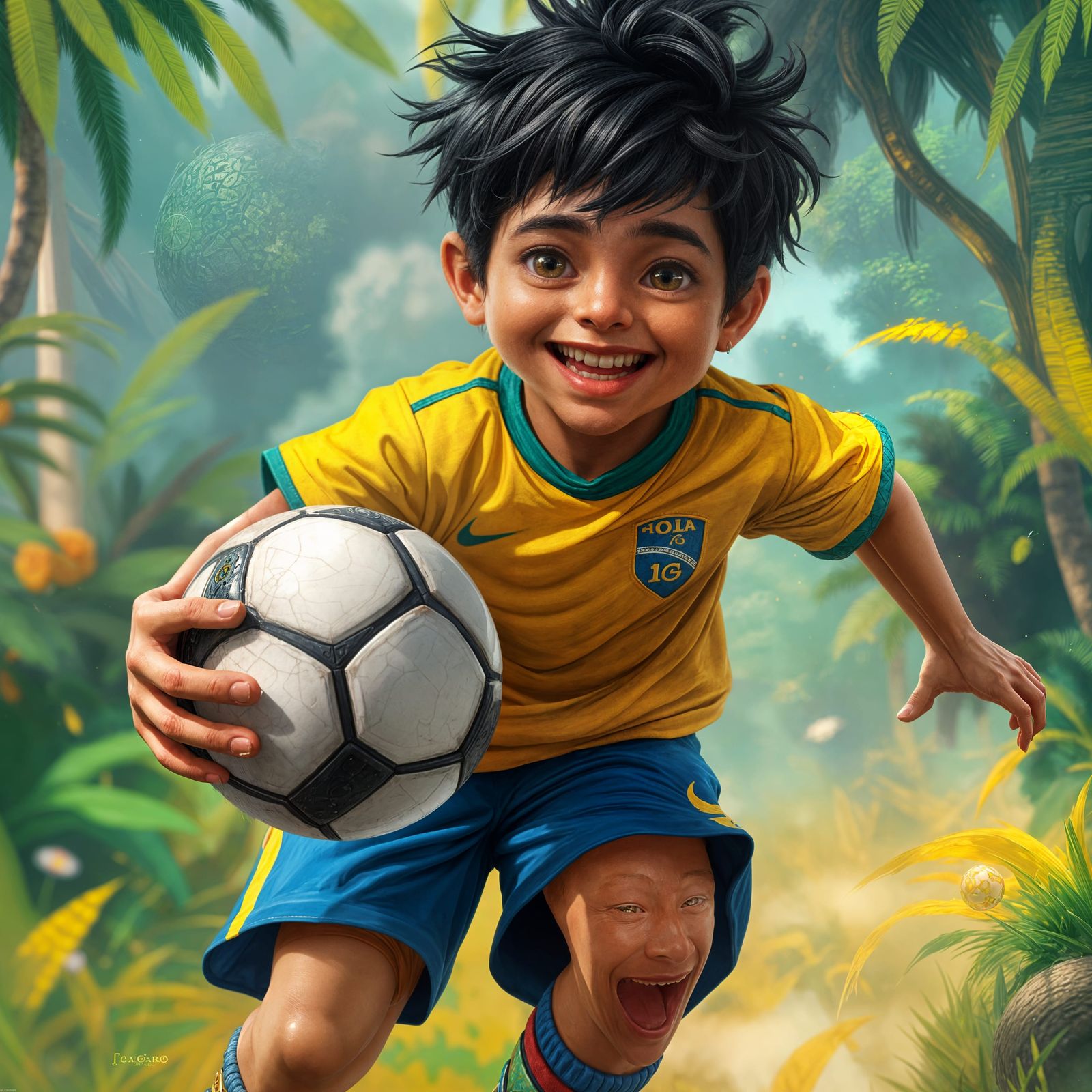 Joyful Brazilian Soccer Boy in Vibrant Paradise