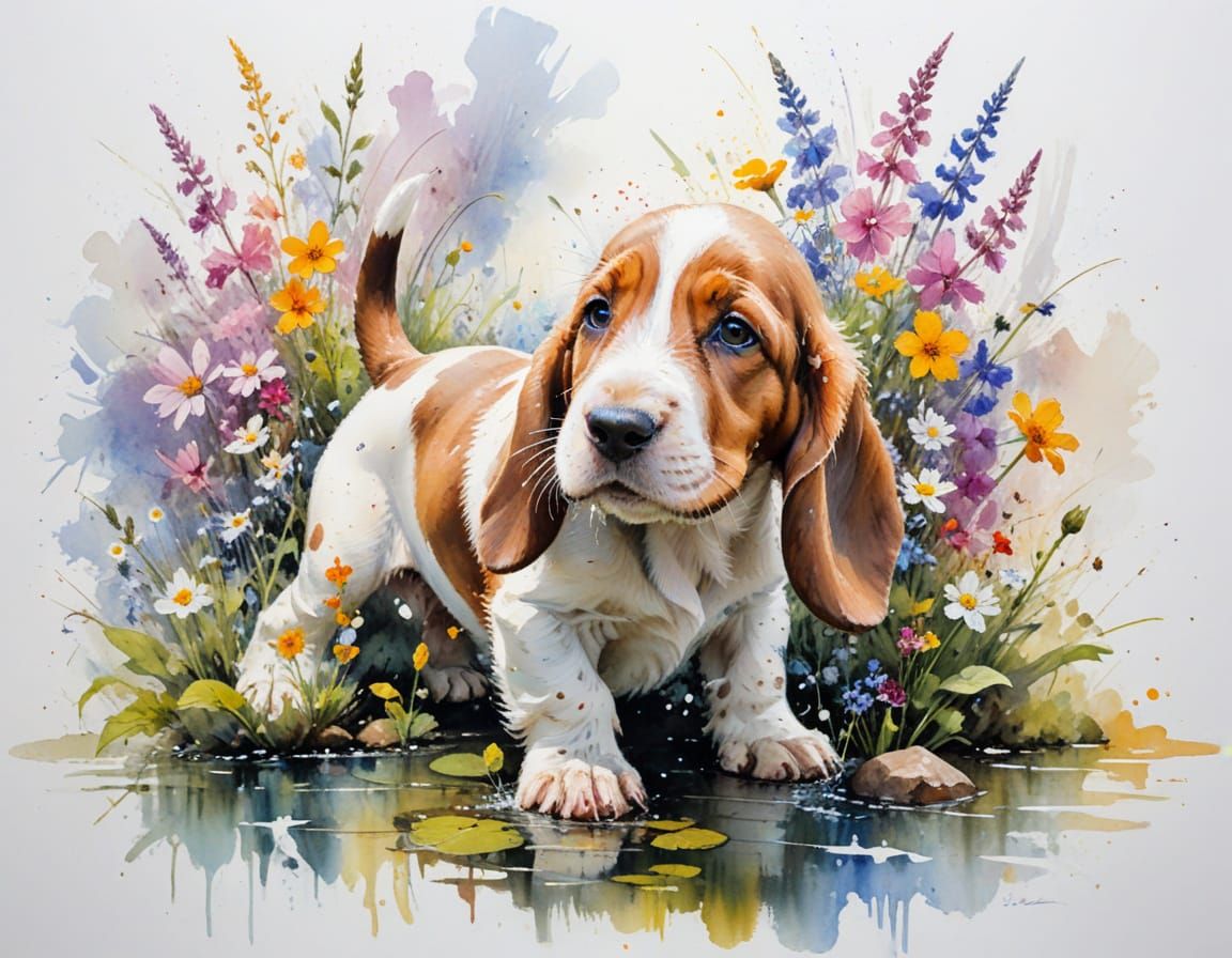 Basset Hound Puppy in Sunlit River Garden