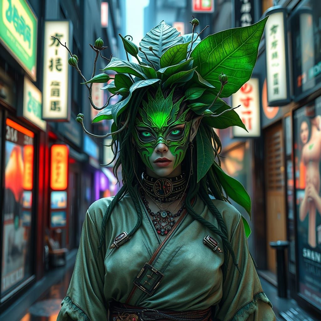Cyberpunk Druidess in Neo-Kyoto Alleyway