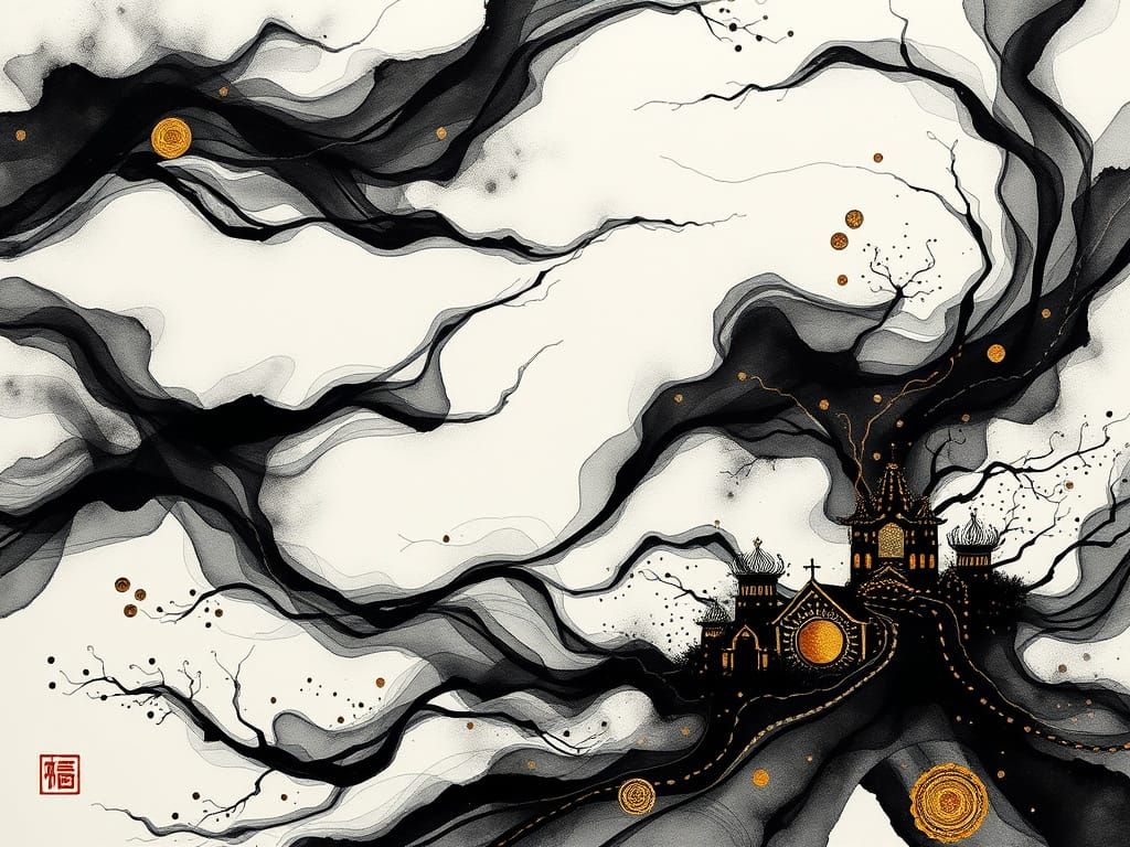 Ethereal Ink Art Fusion: Japanese, Chinese, and Aboriginal S...