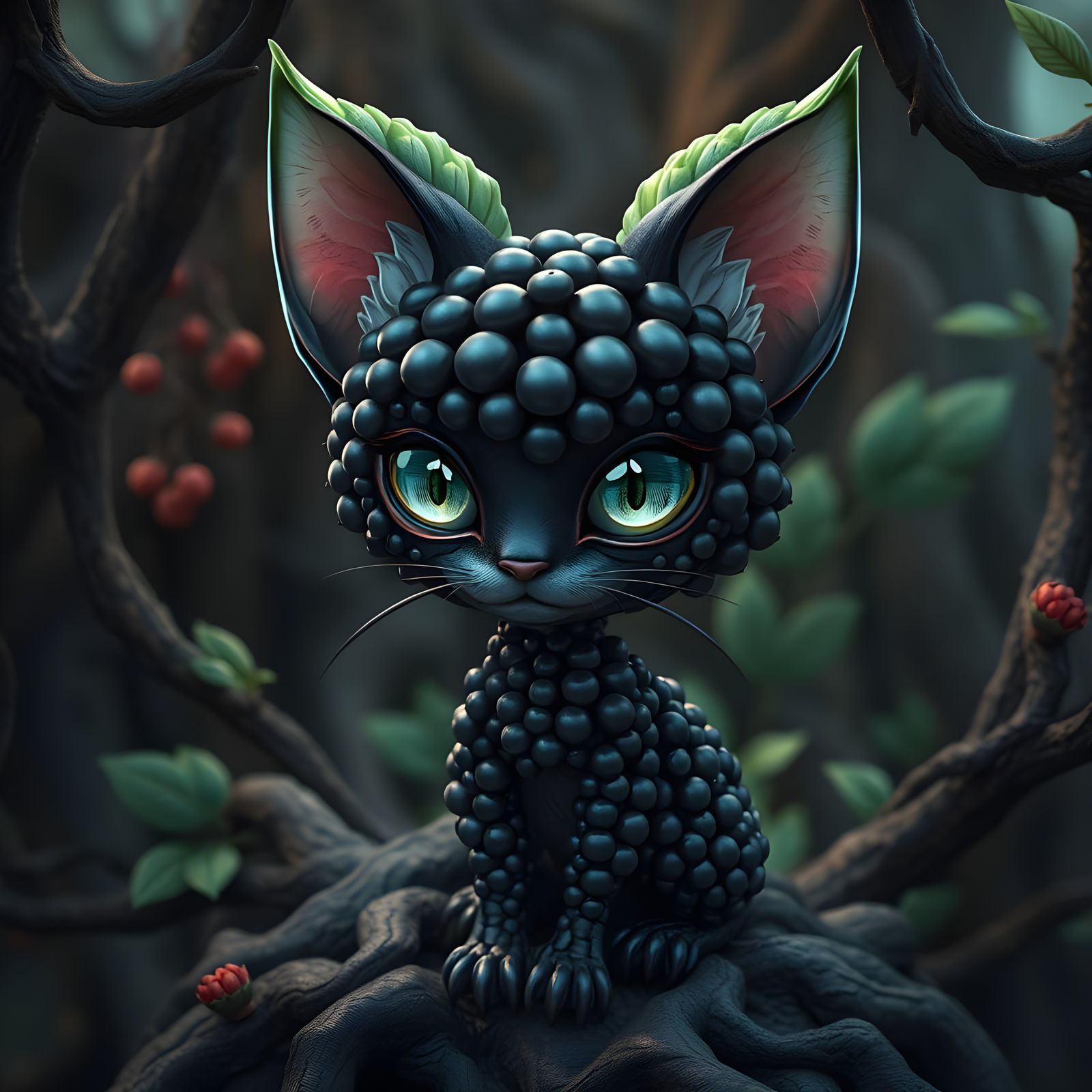 Surreal Black Berry Feline Goddess in Dark Fantasy
