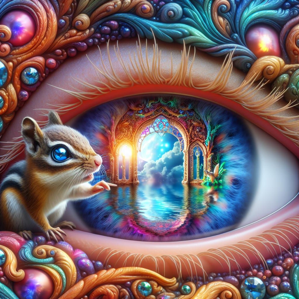 Fantasy World Reflected in Eye with Chipmunk