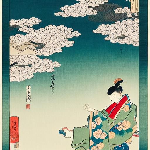 Samurai Cat Plays Shamisen in Ukiyo-e Watercolor Style