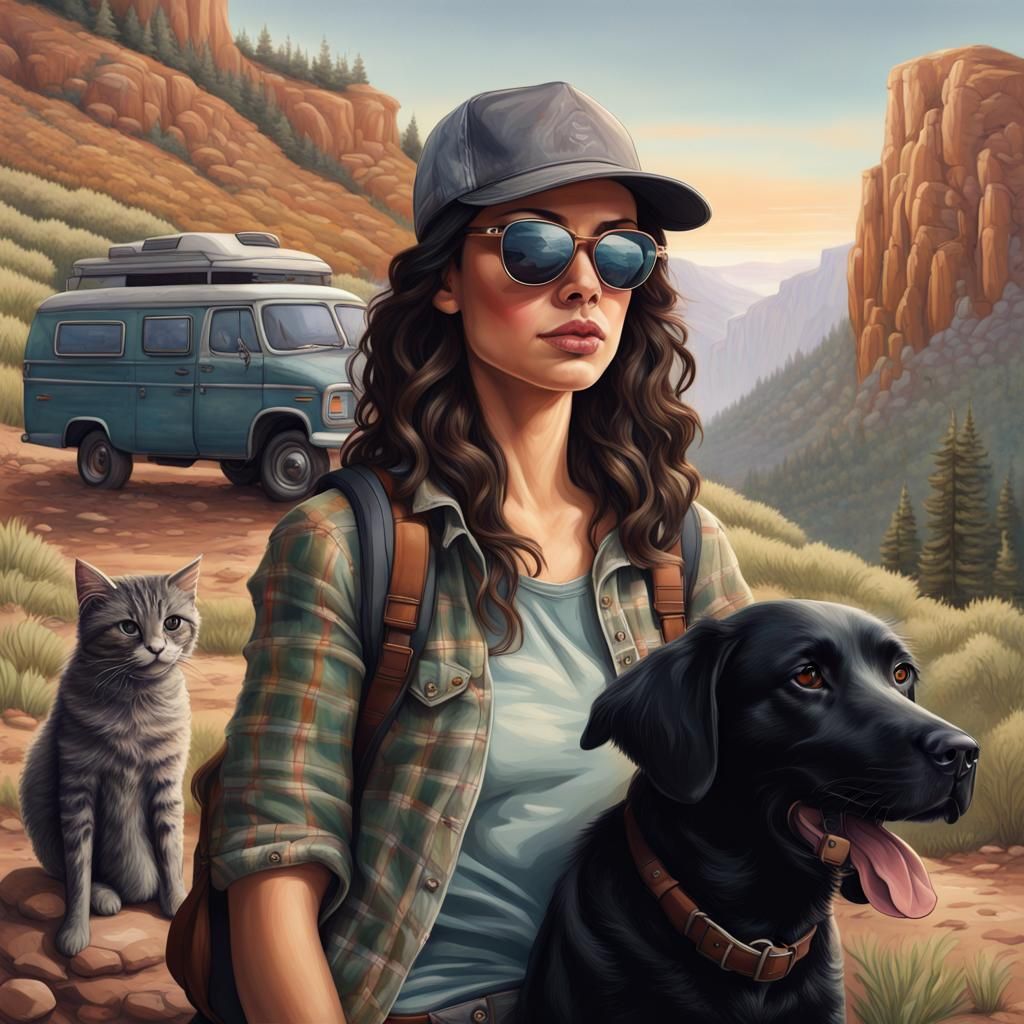 Woman Hiking with Pets in Canyon Landscape