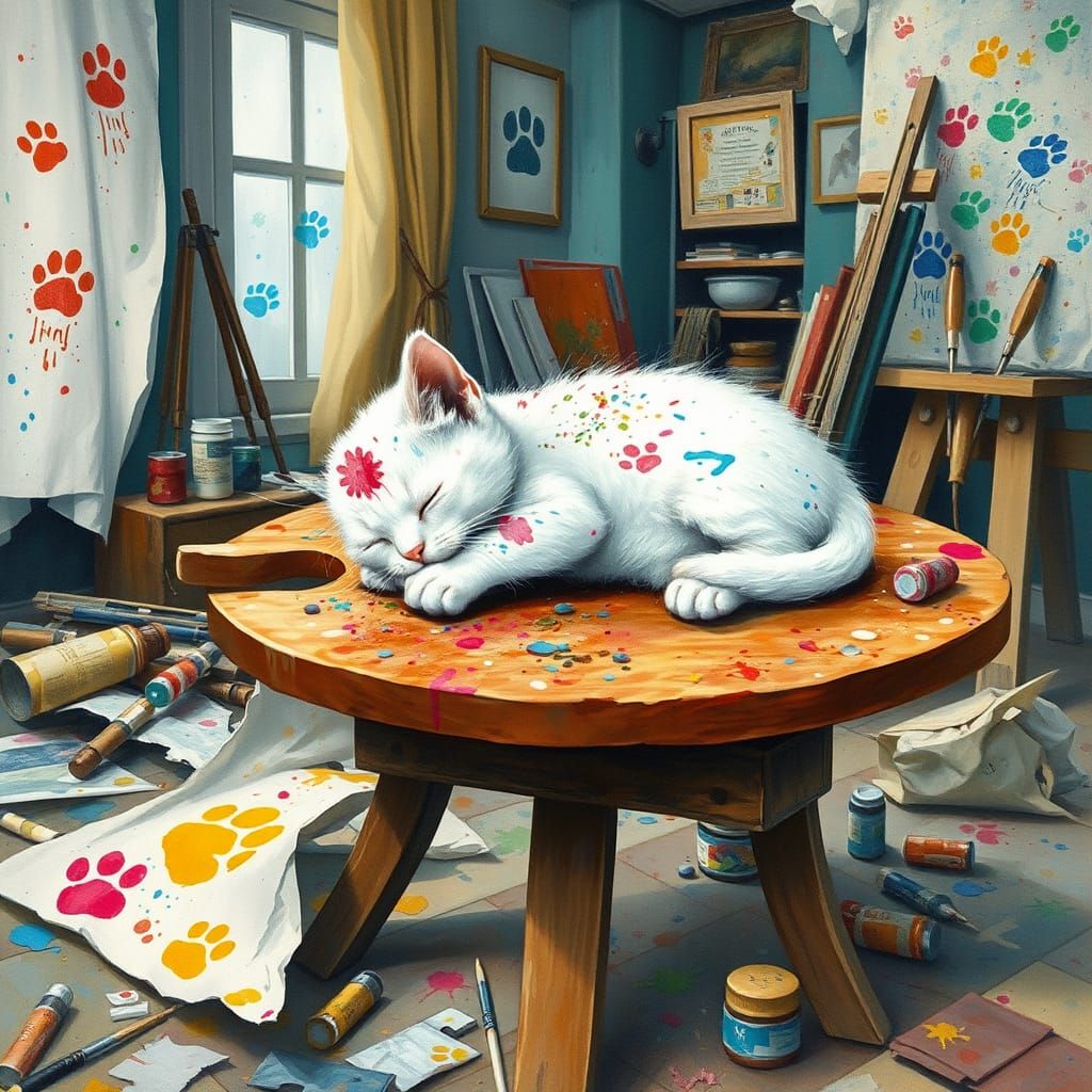 Kitten Surrounded by Artistic Chaos in Whimsical Style