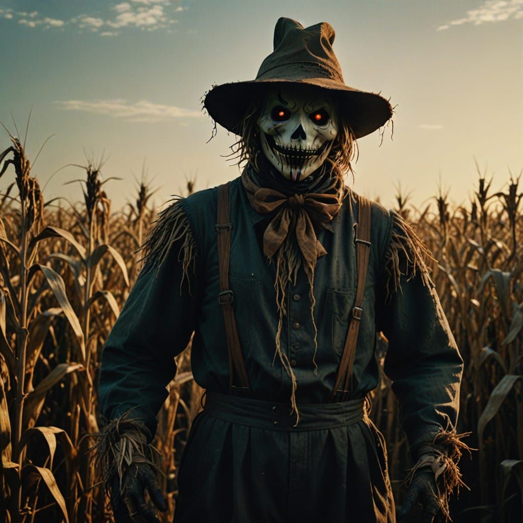 Menacing Scarecrow Silhouette in Golden Hour Cornfield